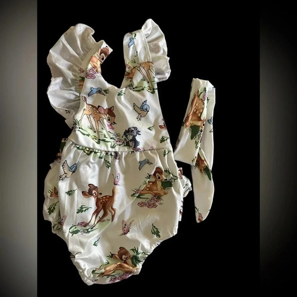 Baby Girl Ruffled Cap Sleeve Romper with Self-tied Headband 2pcs Outfit - Picture 3 of 8